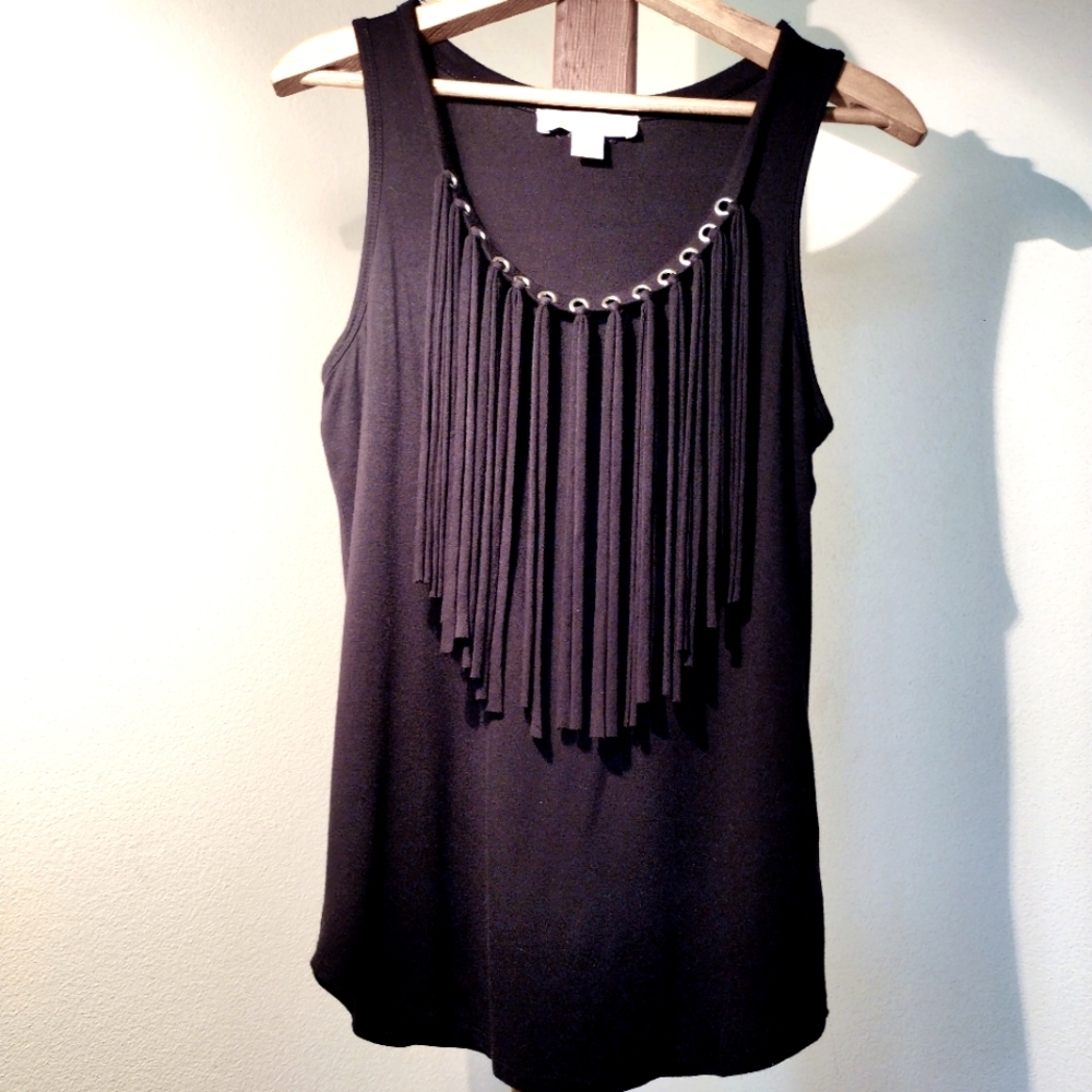 MICHAEL KORS Black Fringe | Sleeveless | Designer Tank Top XS